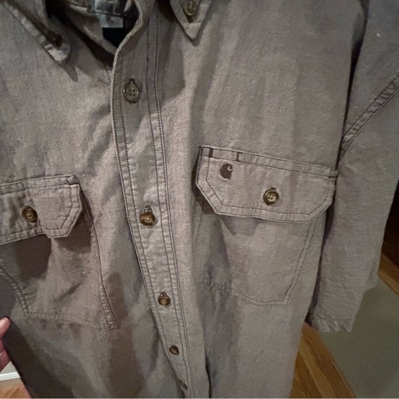 Men’s CARHARTT XL brown grey button up collared shirt linen feel relaxed fit - Picture 6 of 11